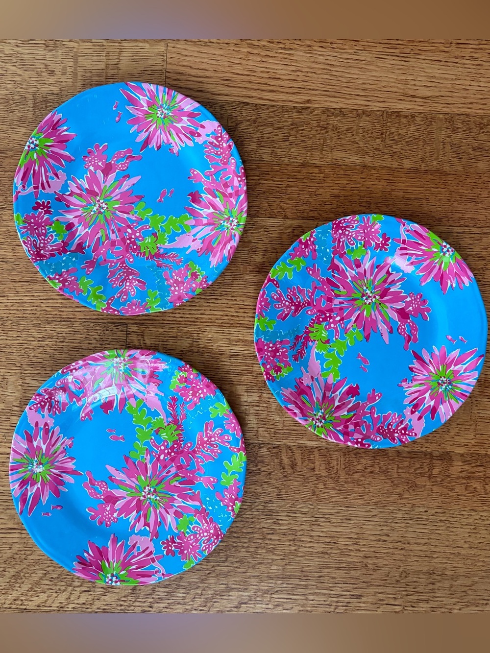 Lilly Pulitzer Dinner Plates Set of 3 Trippin & Sippin 9” Floral Blue Pink Green